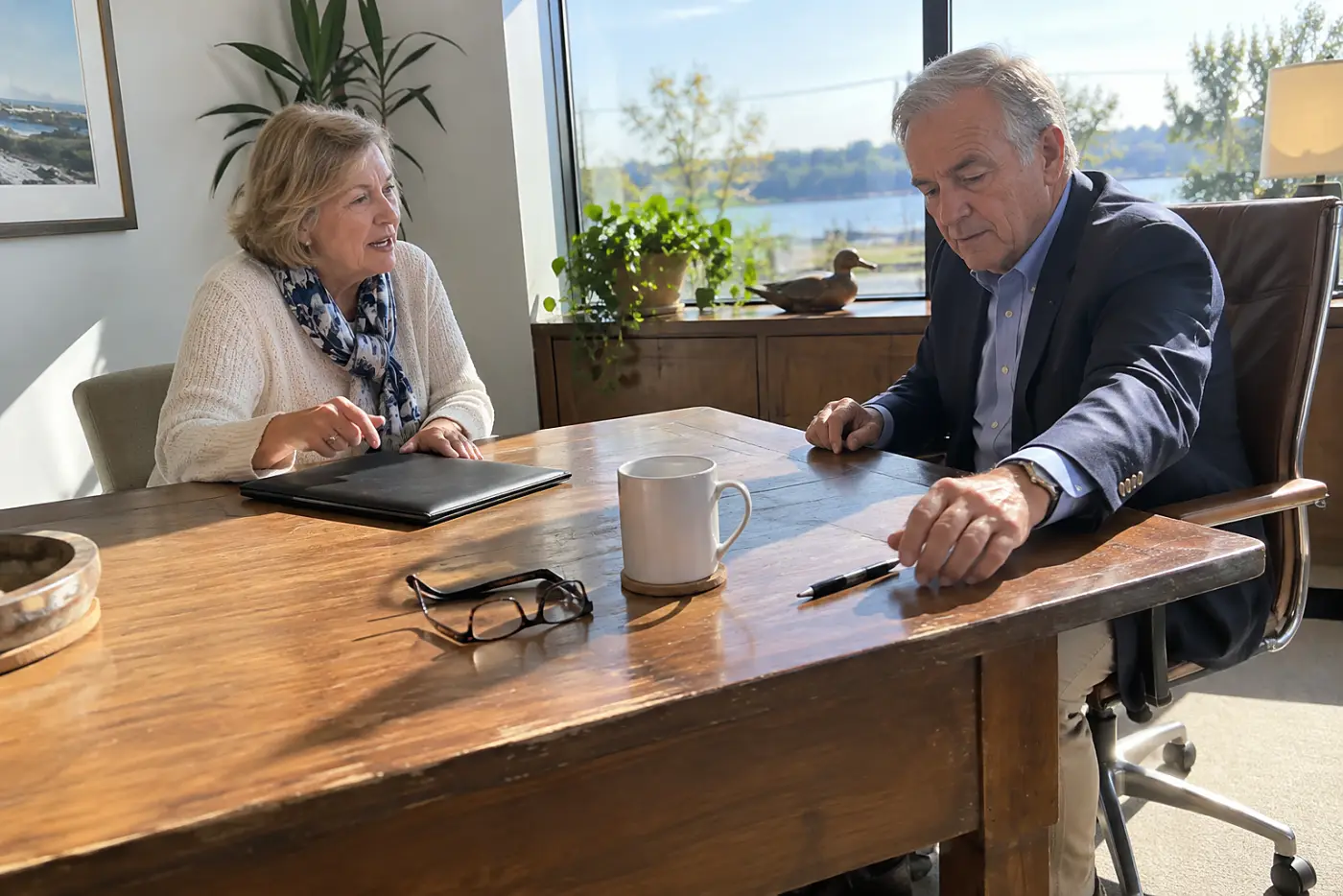 Older woman reviewing account statements with a financial planner across a desk.
