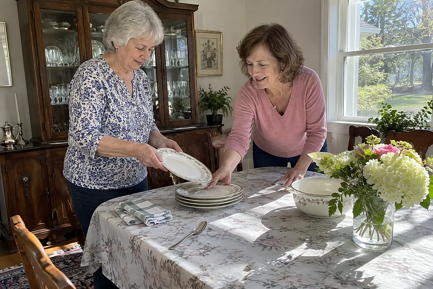 Older woman setting china plates on her dining table.