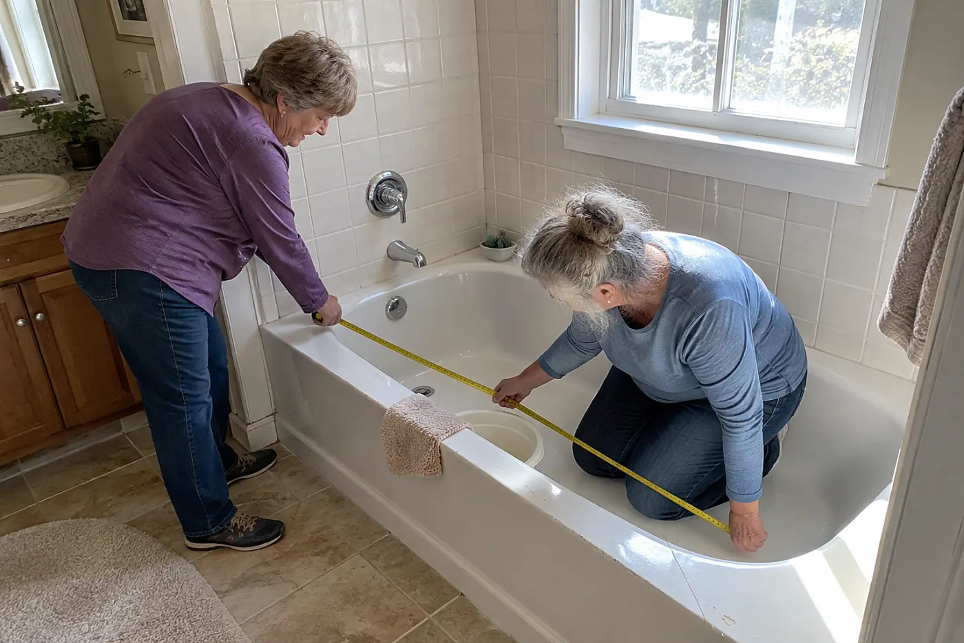 Older woman measuring the floor of her bathtub.