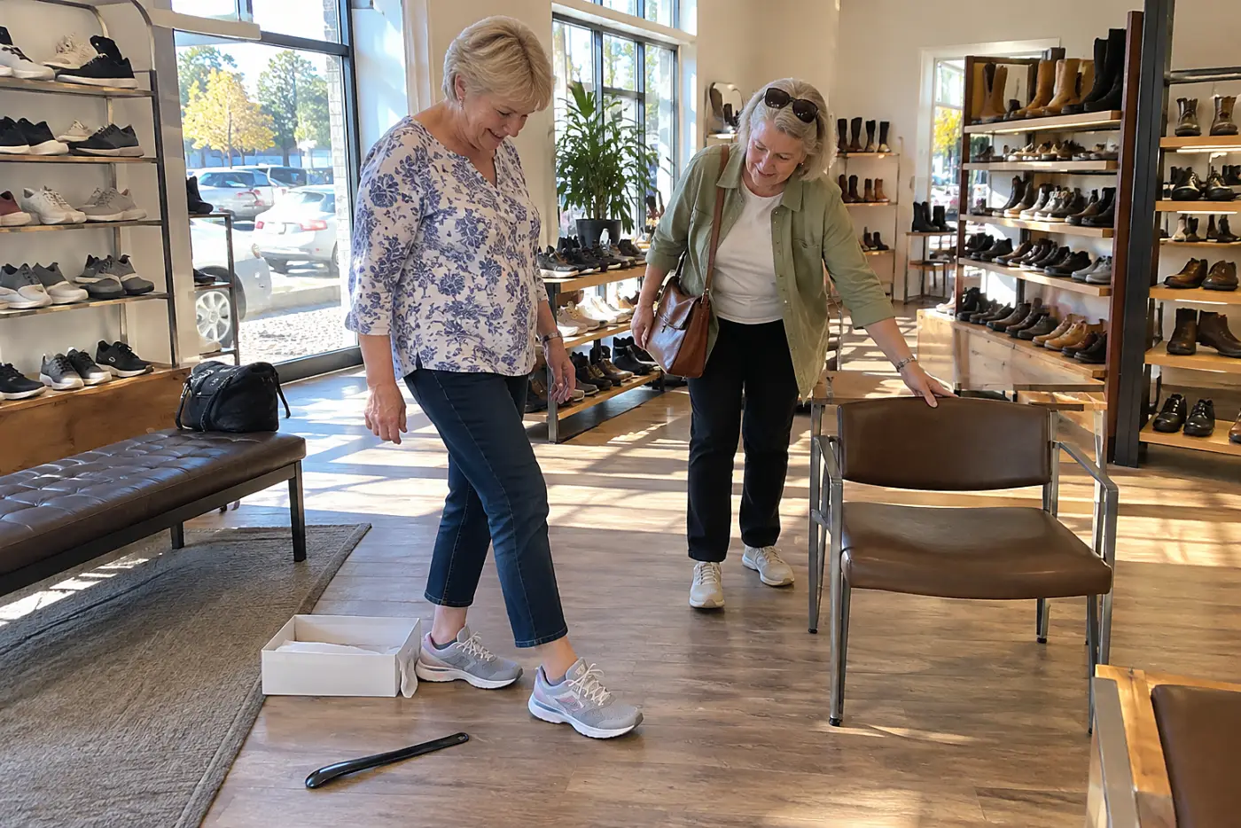 Older woman trying walking shoes in a shoe store.