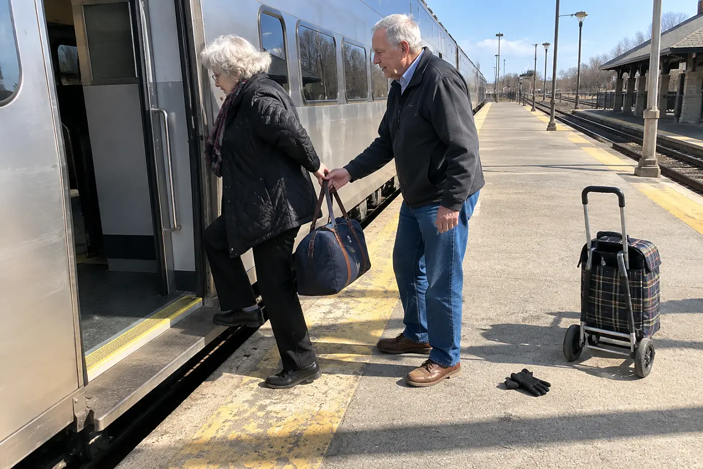 Older woman boarding a train with a small overnight bag.