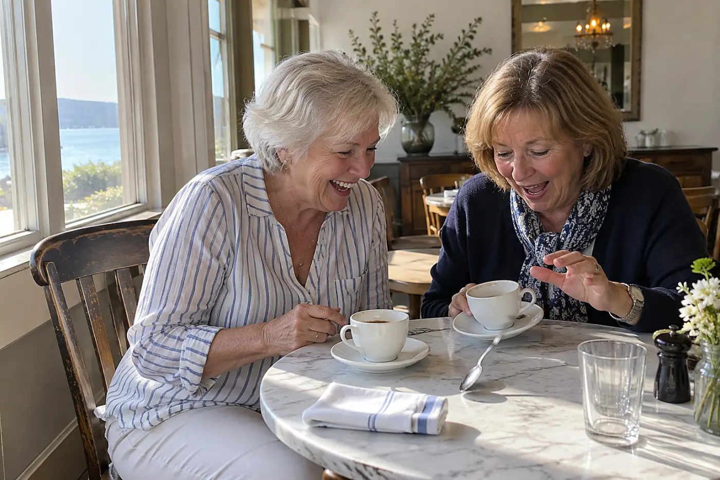 Older woman talking with a friend at a quiet restaurant table.