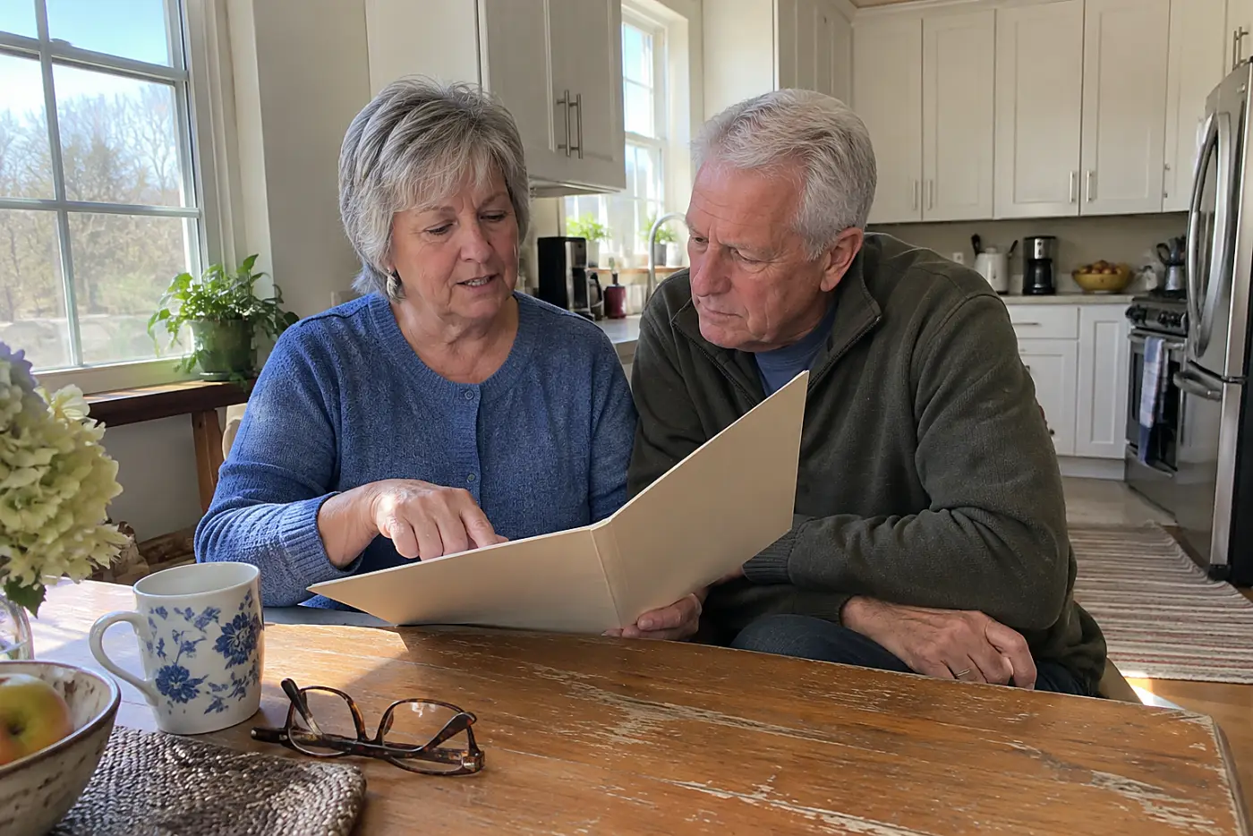Older woman reading a dental treatment plan at her kitchen table.
