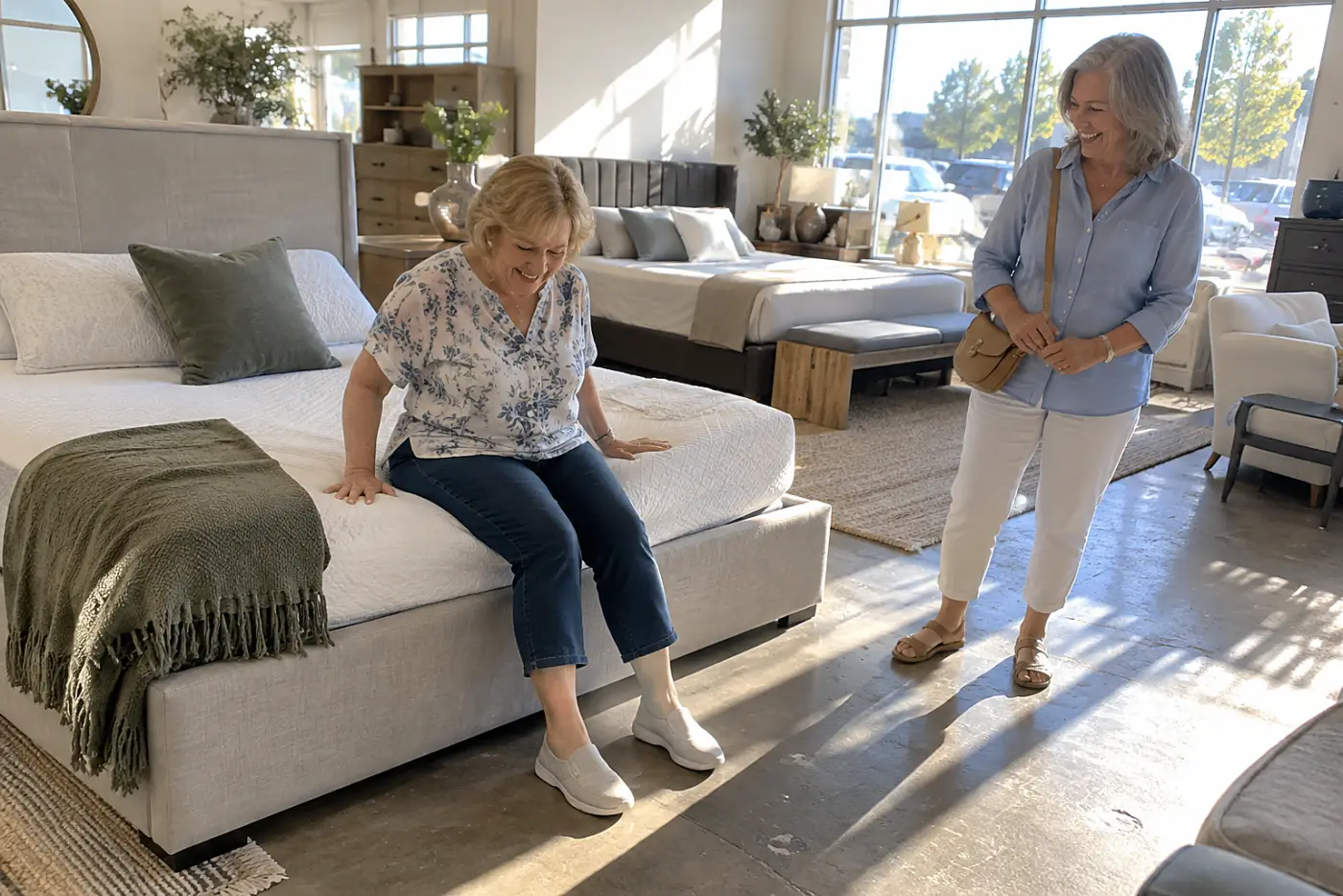 Older woman testing a mattress in a furniture store.