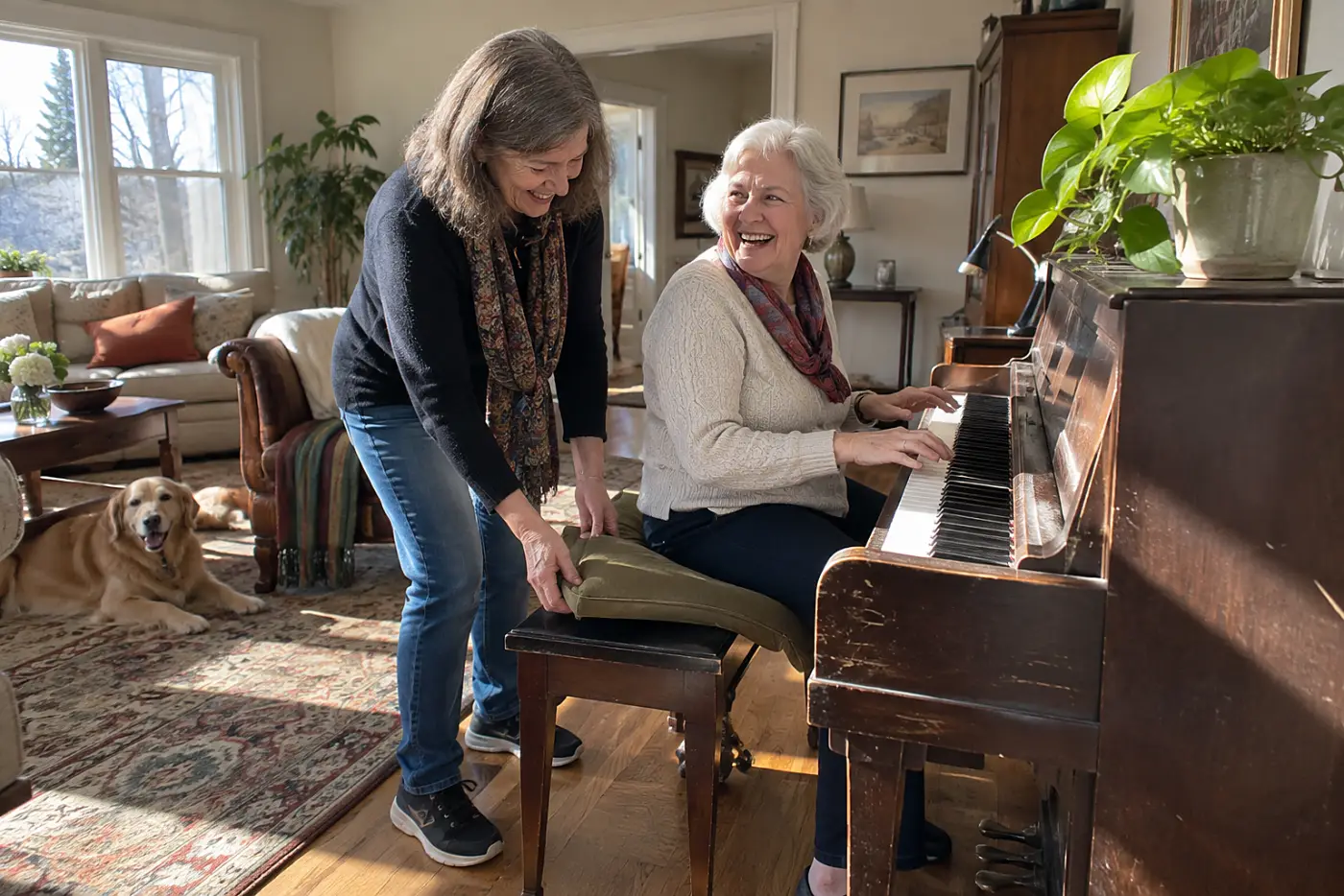 Older woman playing piano during a lesson in her living room.