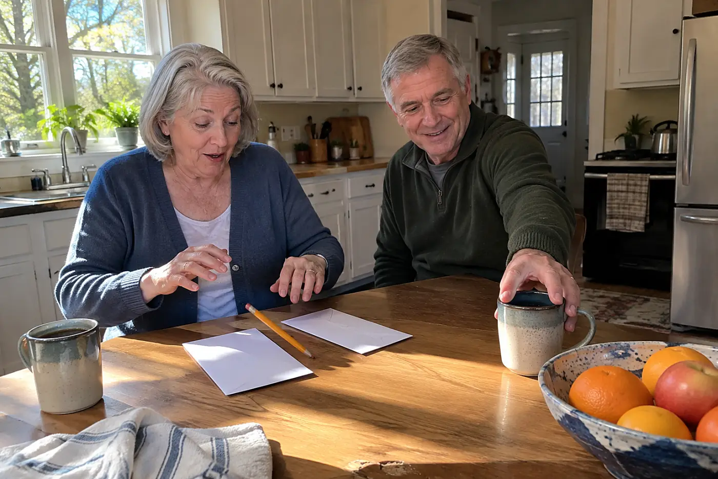 Woman matching retirement withdrawals to checking deposits with a pencil at her kitchen table.