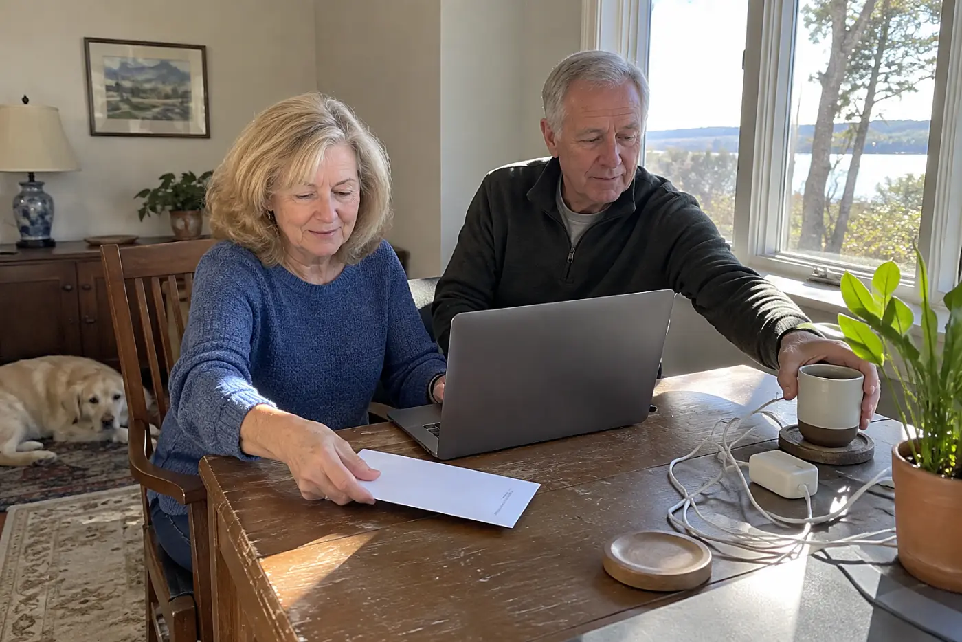 Woman checking a property tax bill beside a laptop at home.