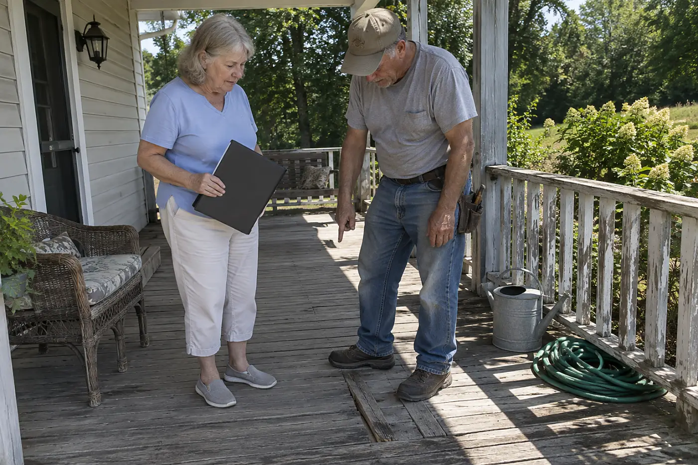 Woman reviewing a written repair estimate with a contractor on her front porch.