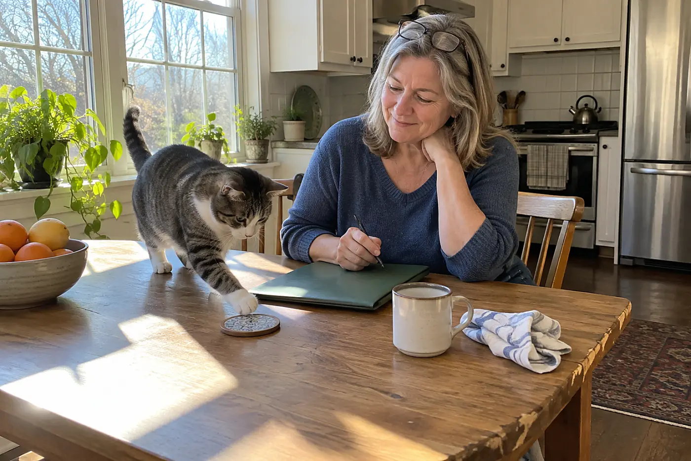 Woman marking deductibles on a homeowners policy at her kitchen table.