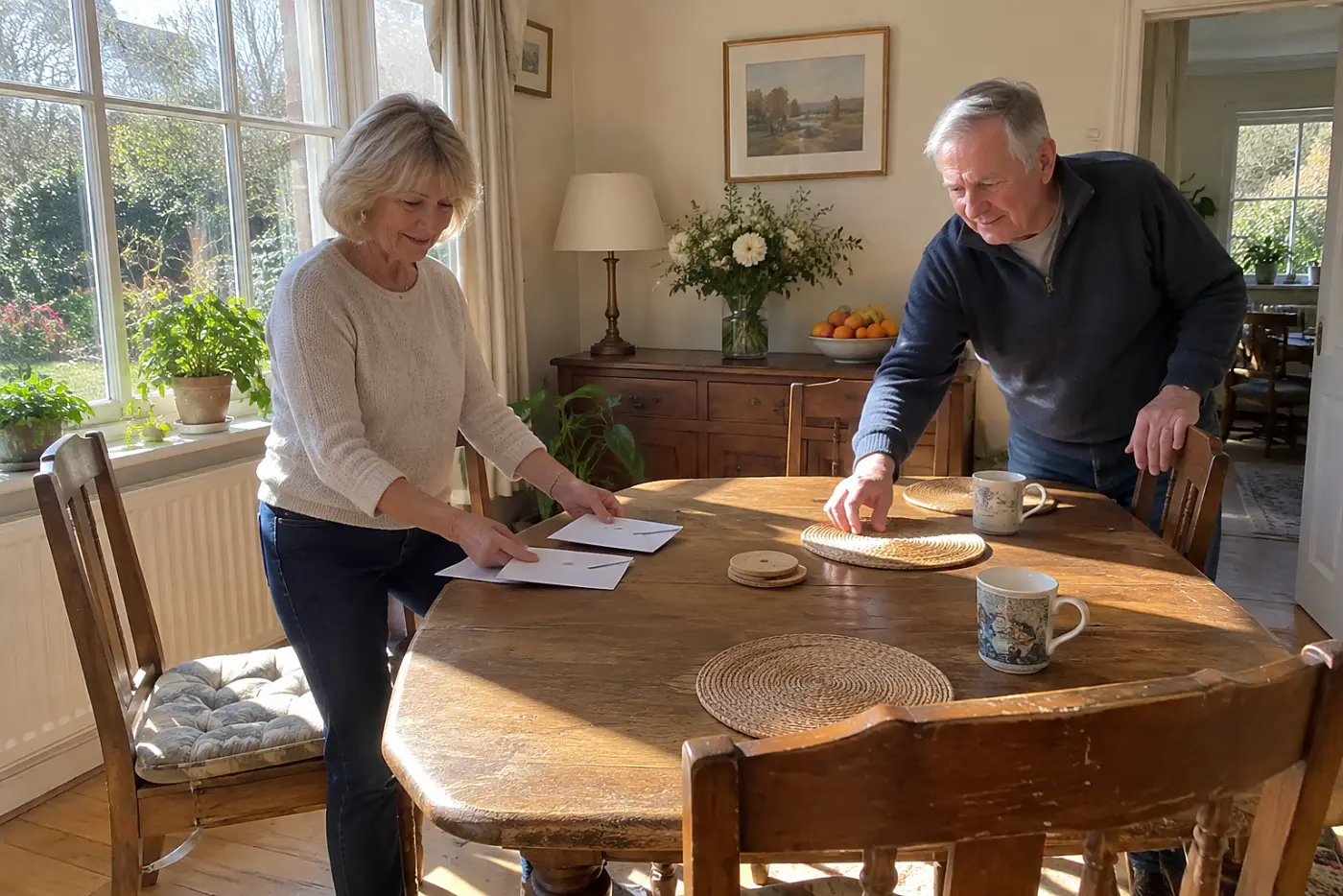 Woman laying a medical bill beside an insurance EOB at her dining table.