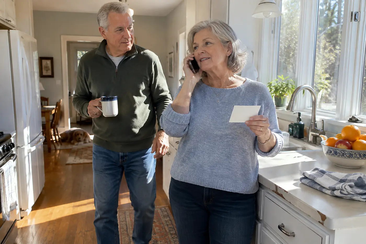 Woman calling her health plan with a doctor's appointment card in hand.
