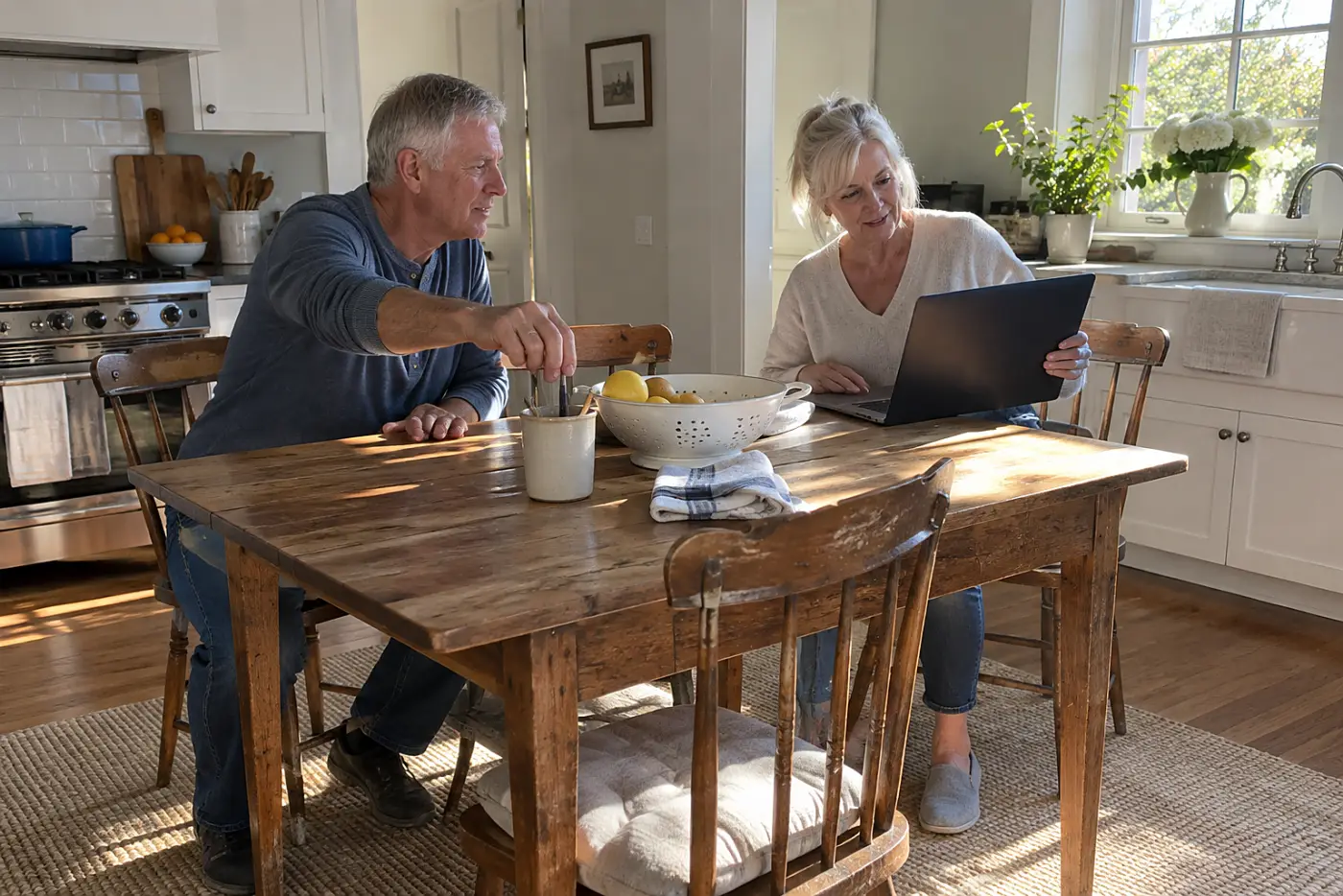 Woman comparing prescription prices on a laptop at her kitchen table.