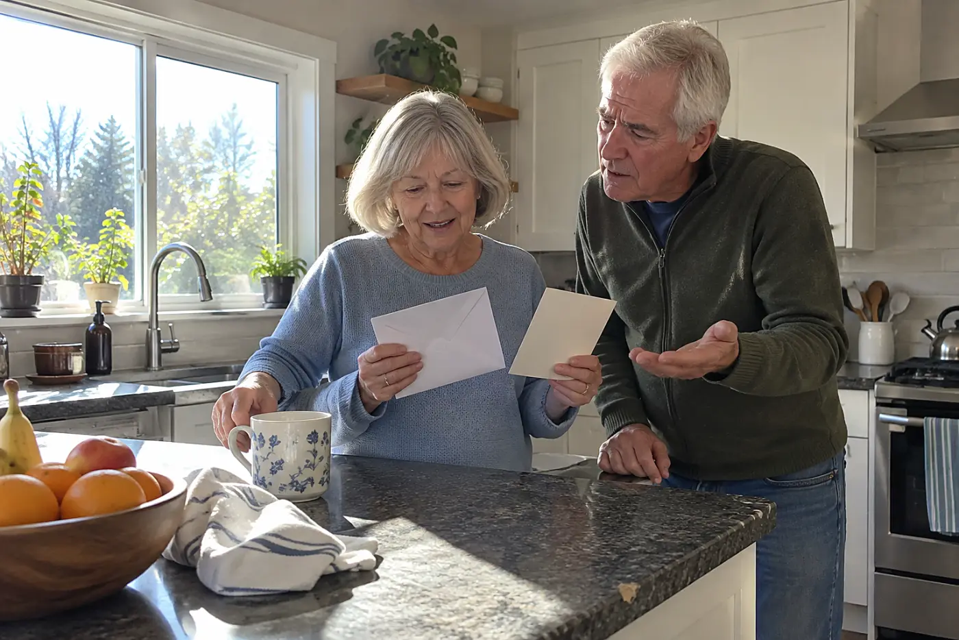 Woman checking an employer benefits letter beside her Medicare card at home.