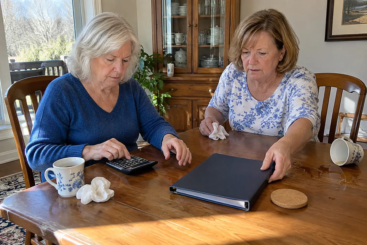 Woman adding IRA withdrawals on a calculator beside her tax return.