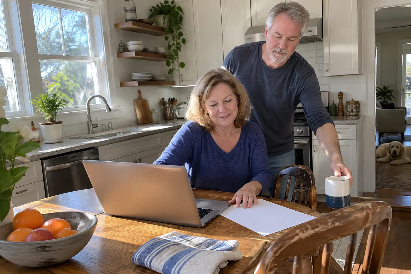 Woman checking share purchase records on a laptop at her kitchen table.