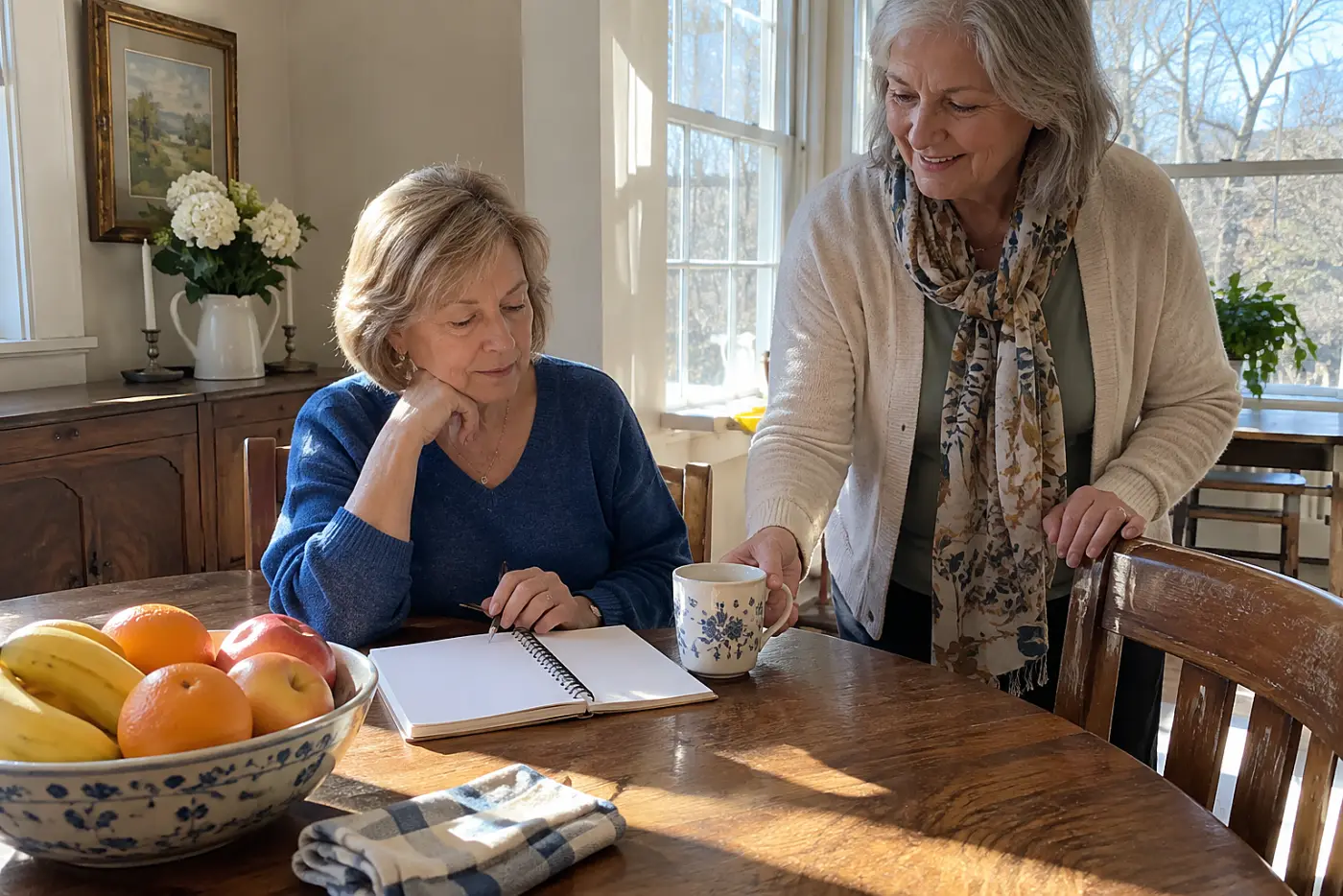 Woman totaling family transfers in a notebook at her dining table.