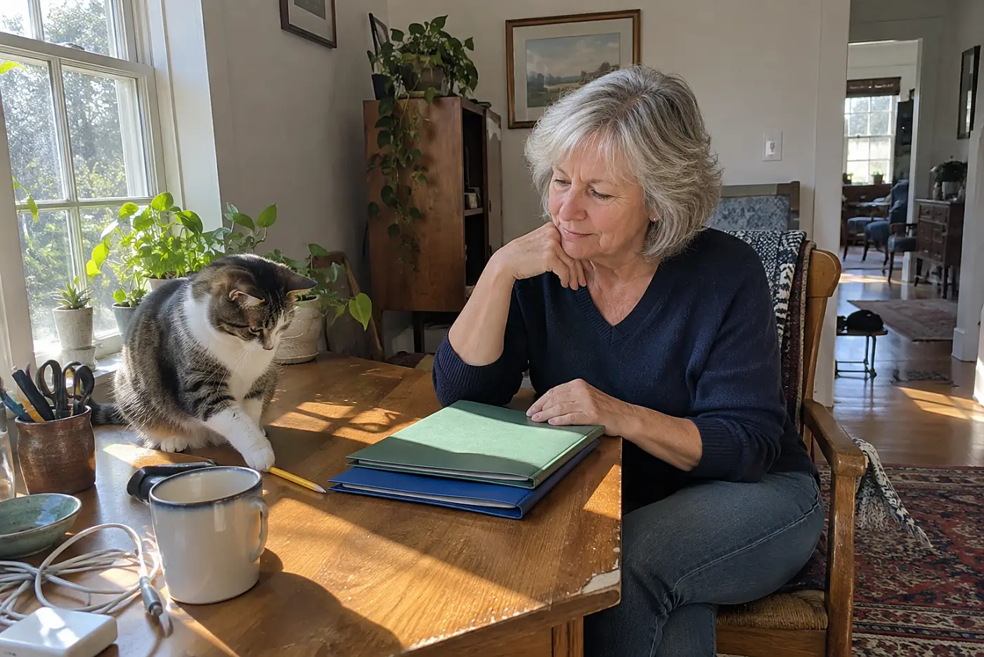 Woman reviewing an IRA withdrawal confirmation with a tax folder on her desk.
