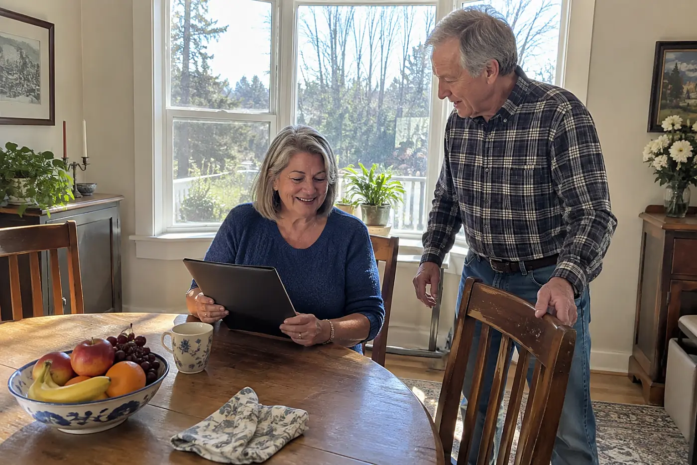 Woman reading a gym membership contract at her dining table.