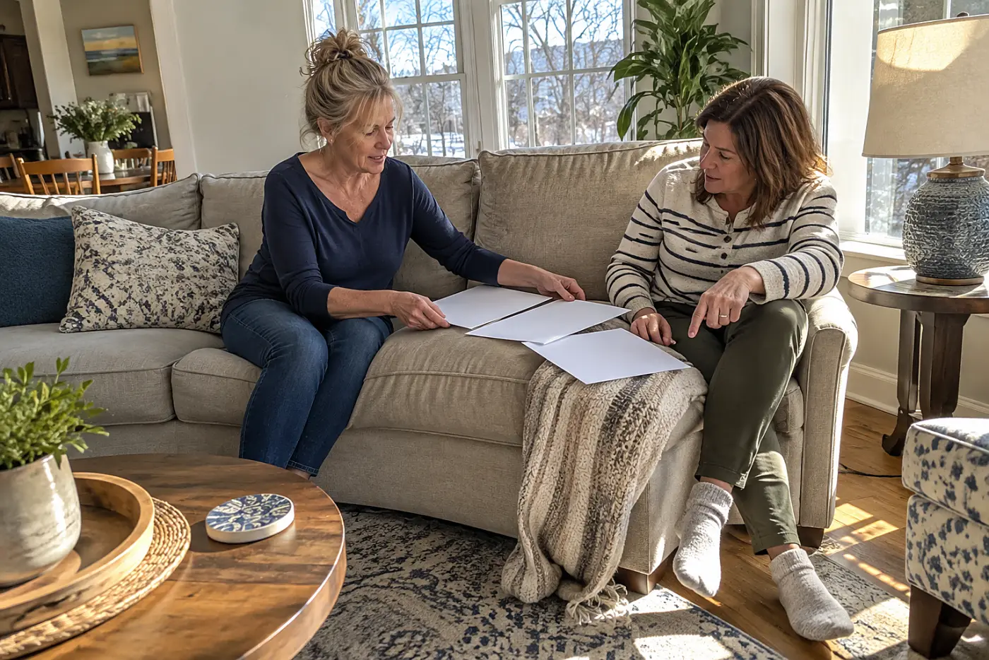 Woman comparing three utility bills beside a lamp in her living room.