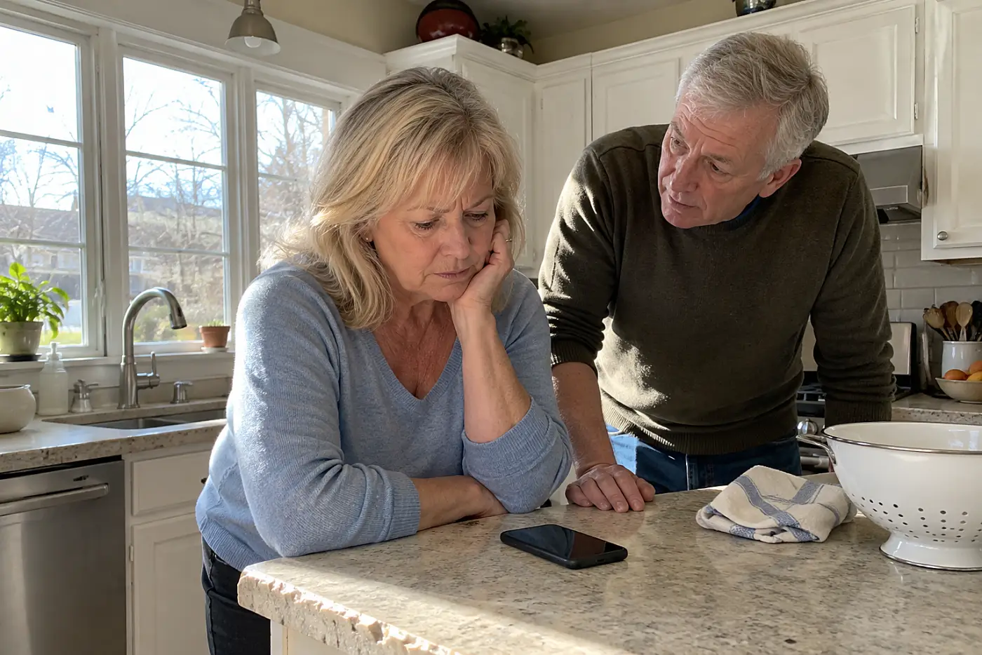Older woman checking subscription charges on her phone at the kitchen counter.