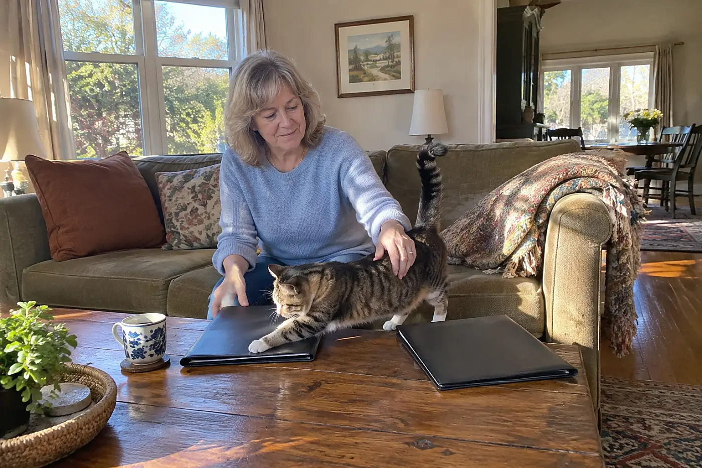 Woman reading a fund prospectus beside her retirement statement at home.