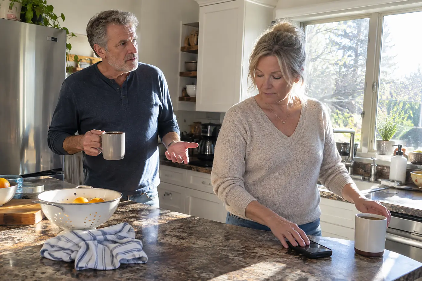 Woman reviewing overdraft transfers on her phone at the kitchen counter.