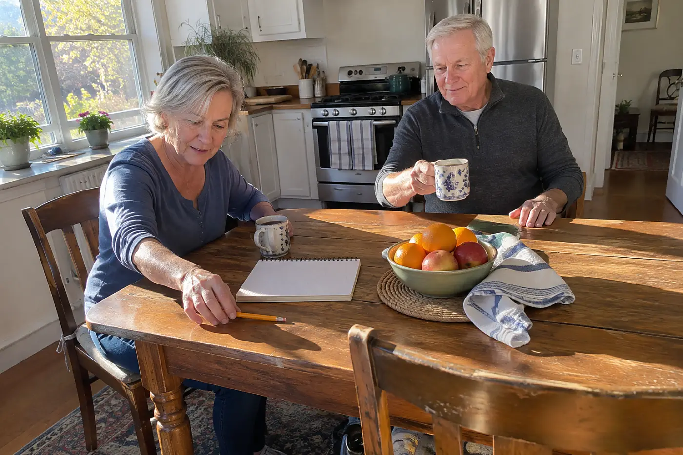 Woman writing installment due dates on a calendar at her kitchen table.