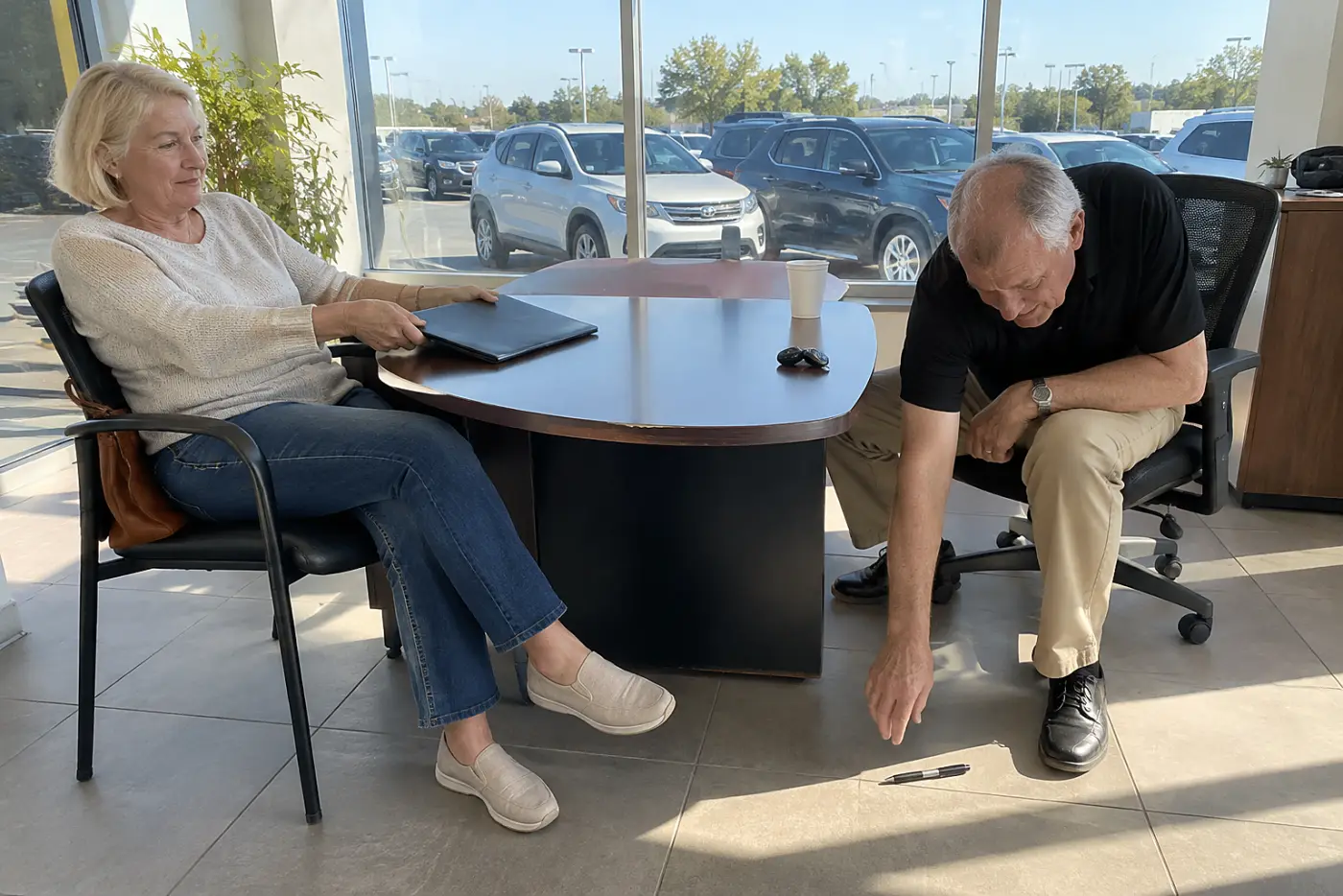 Woman reading a car loan contract at a dealership desk.