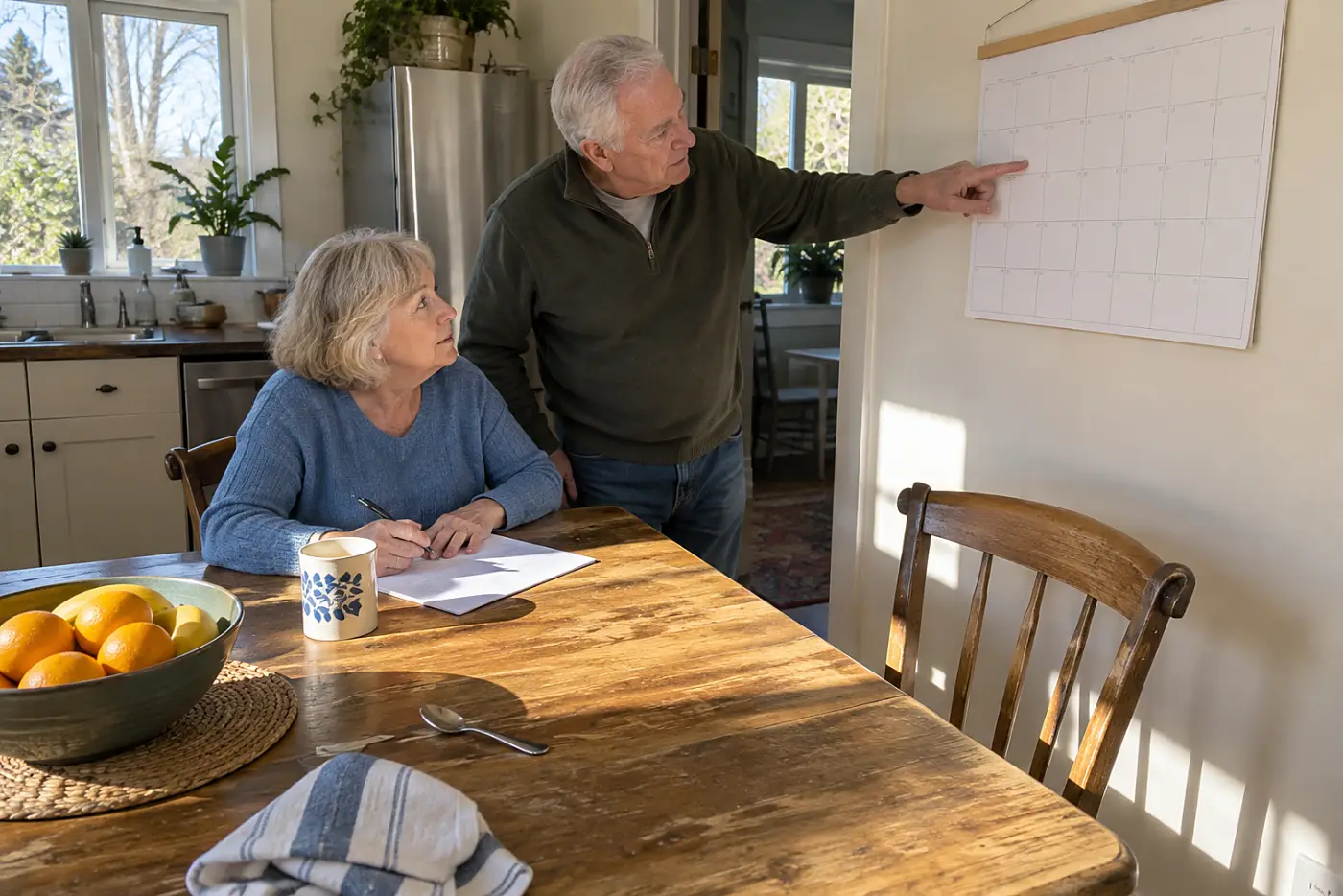 Older woman writing a deadline on a sheet of paper beside her kitchen calendar.
