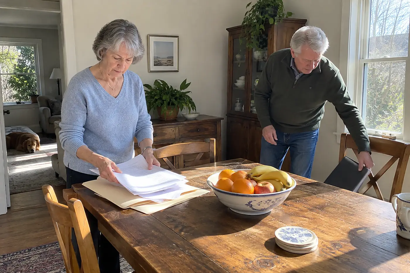 Older woman sorting tax forms beside bank statements at her dining table.