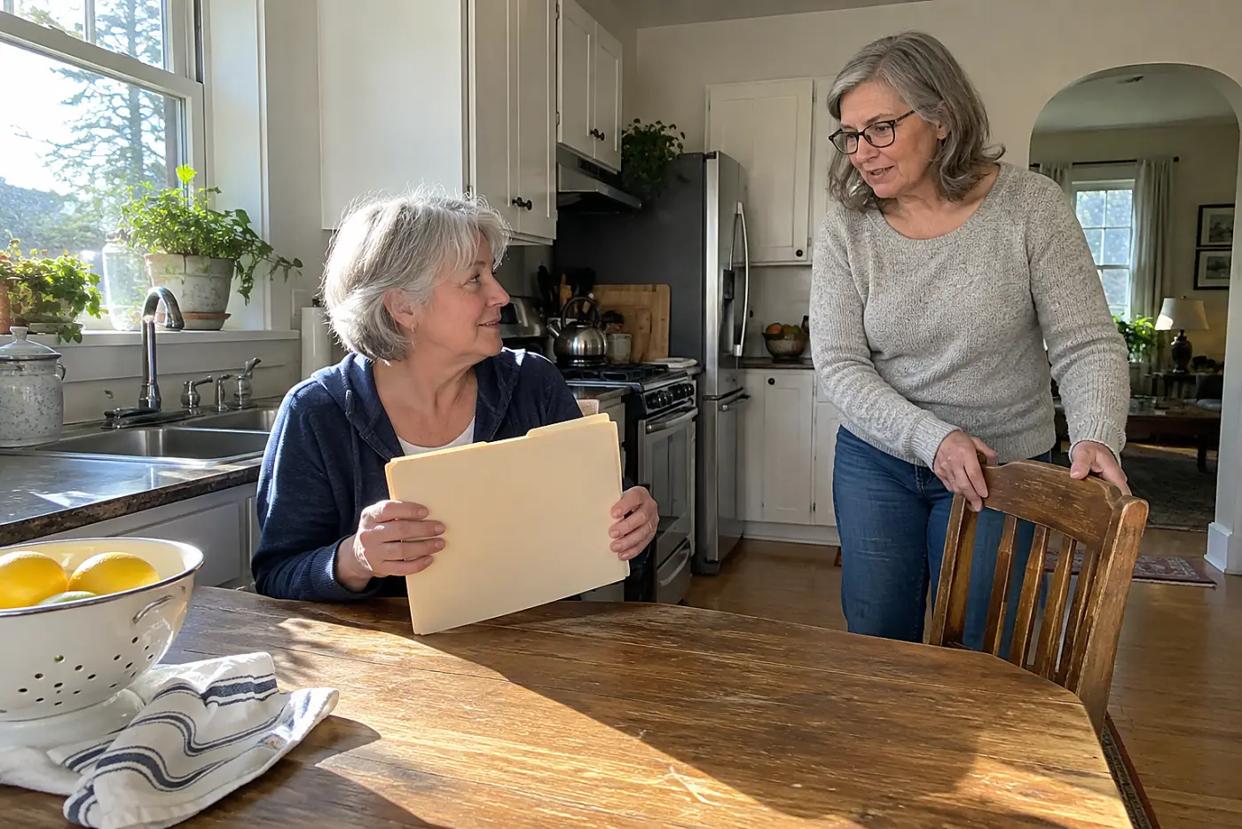 Older woman reading account transfer instructions at her kitchen table.