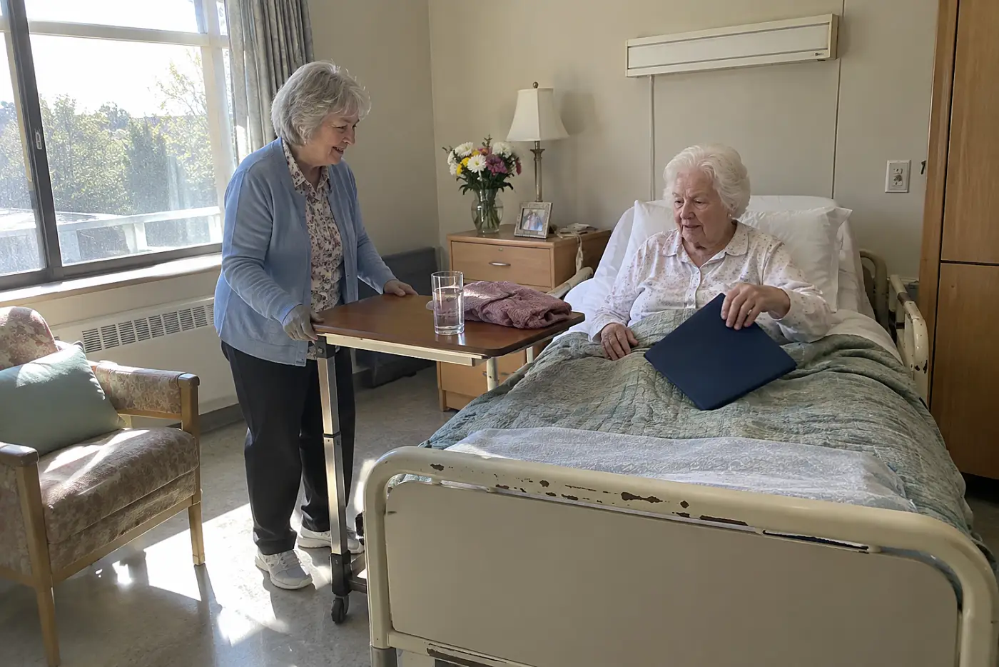 Older woman reading a coverage notice beside a bed in a nursing facility room.