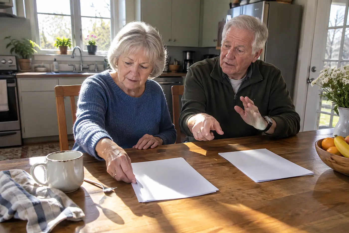 Older woman comparing a hospital bill with a claim notice at her kitchen table.
