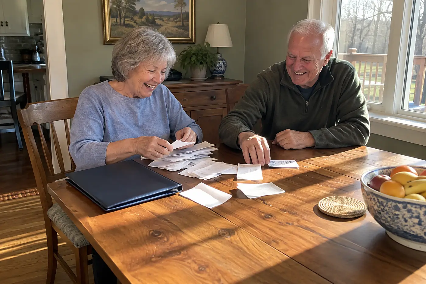 Older woman checking a medical claim against receipts at her dining table.