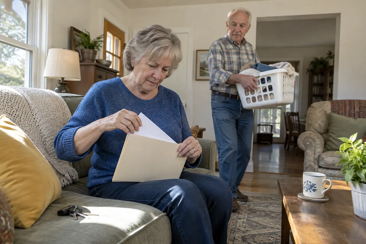 Older woman filing an insurance letter in a folder at home.