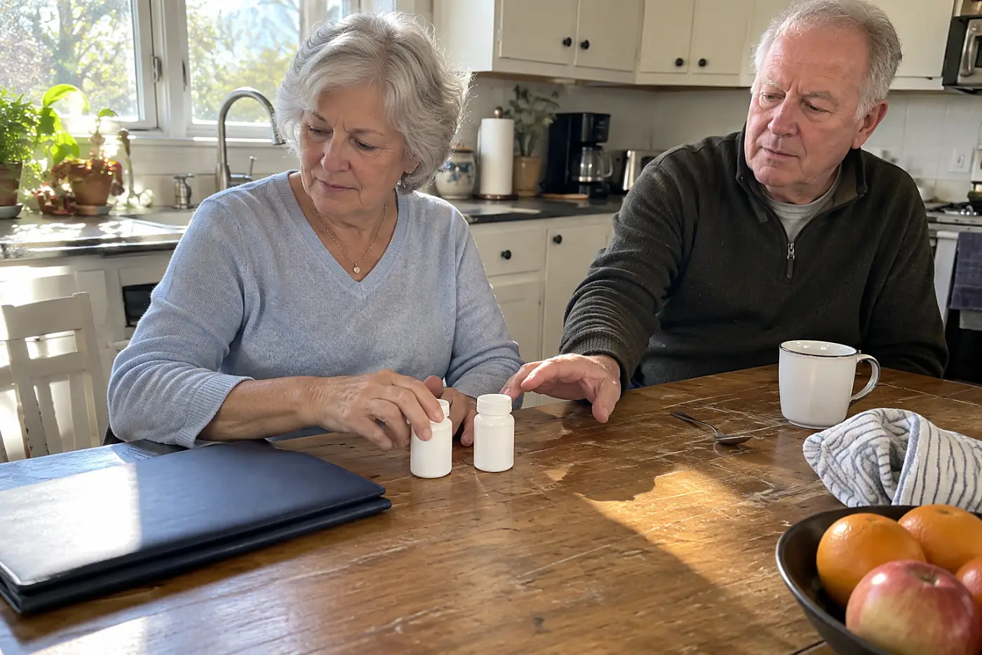 Older woman comparing medicine bottles with a plan notice at her kitchen table.