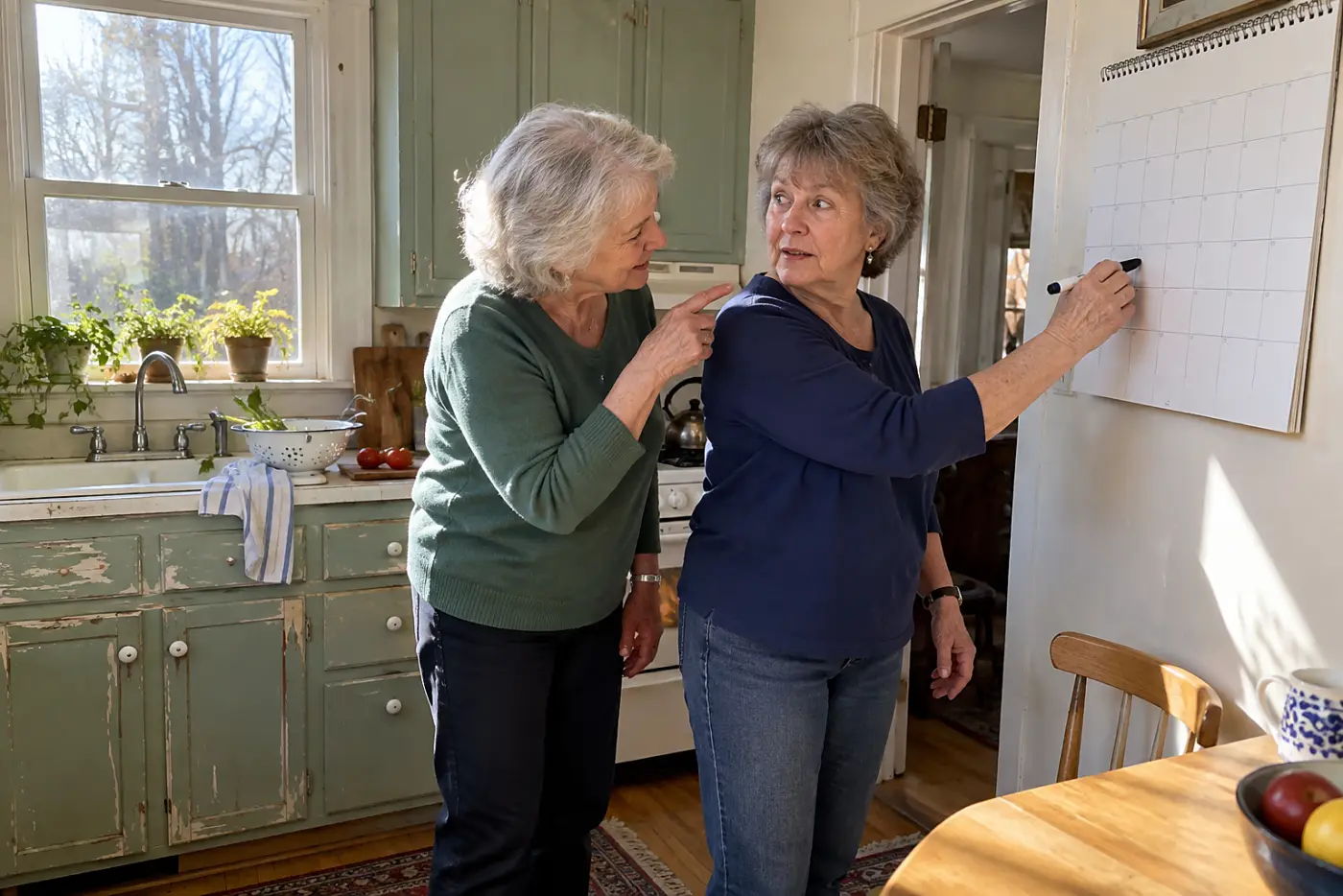 Older woman marking a birthday month on a calendar in her kitchen.