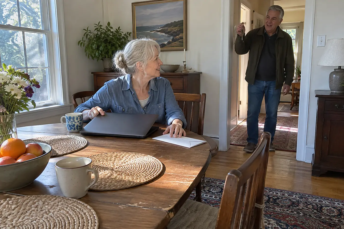 Older woman checking an address on her laptop at her dining table.