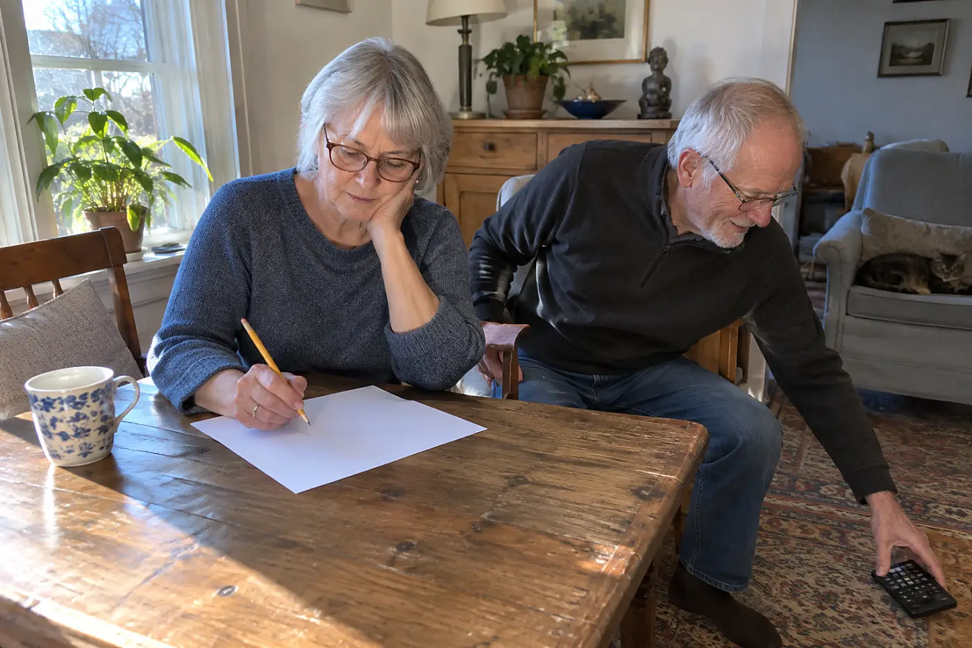 Older woman writing a work earnings estimate at her home desk.