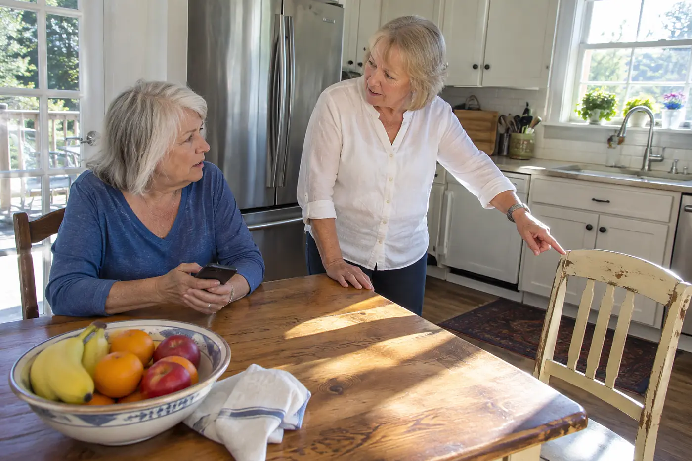 Older woman choosing a concert seat on her phone at the kitchen table.