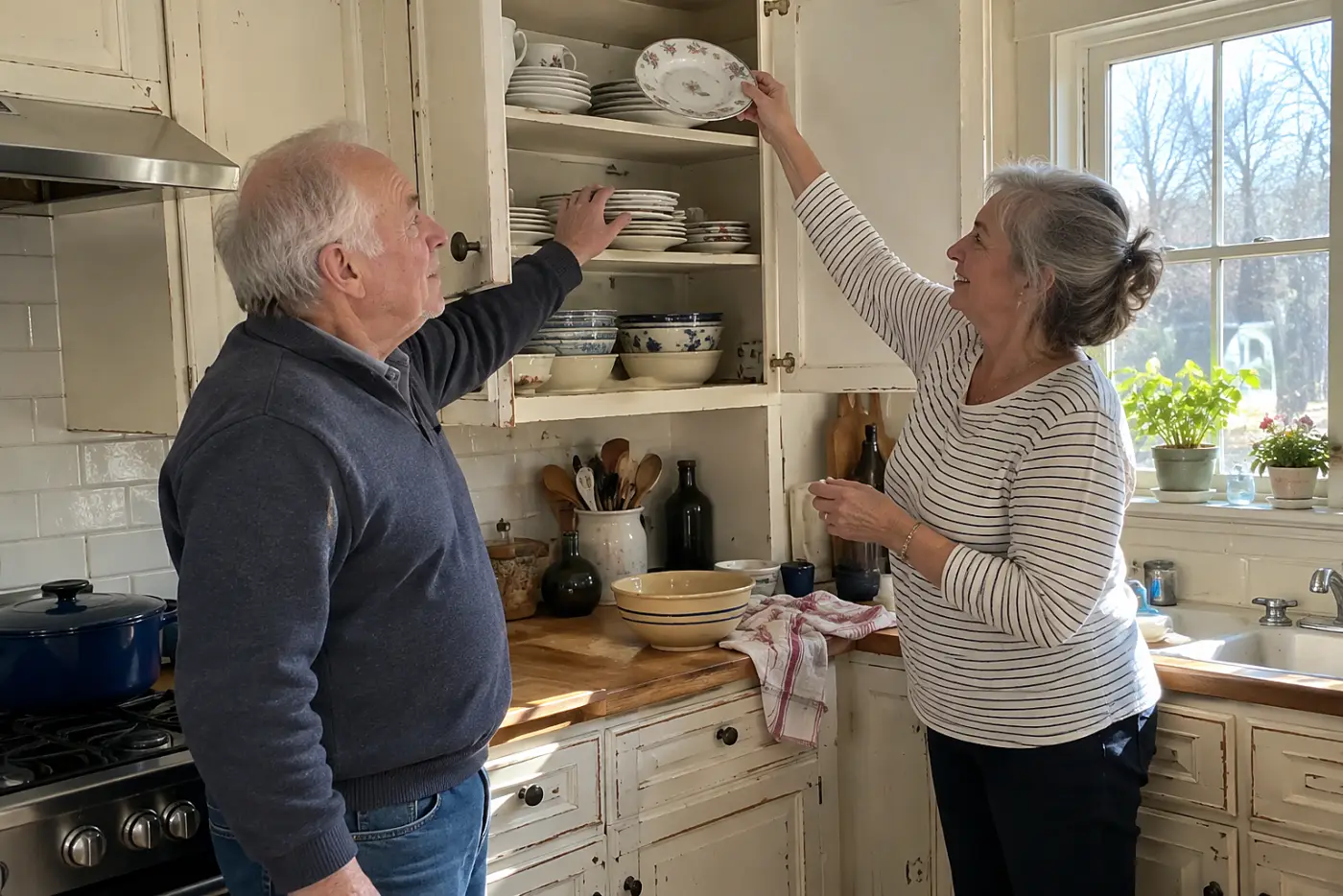 Older woman taking a china plate from a kitchen cabinet.