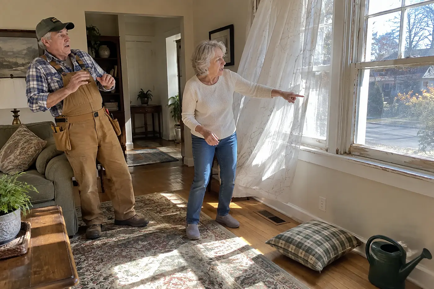 Older woman showing a contractor a drafty living-room window.