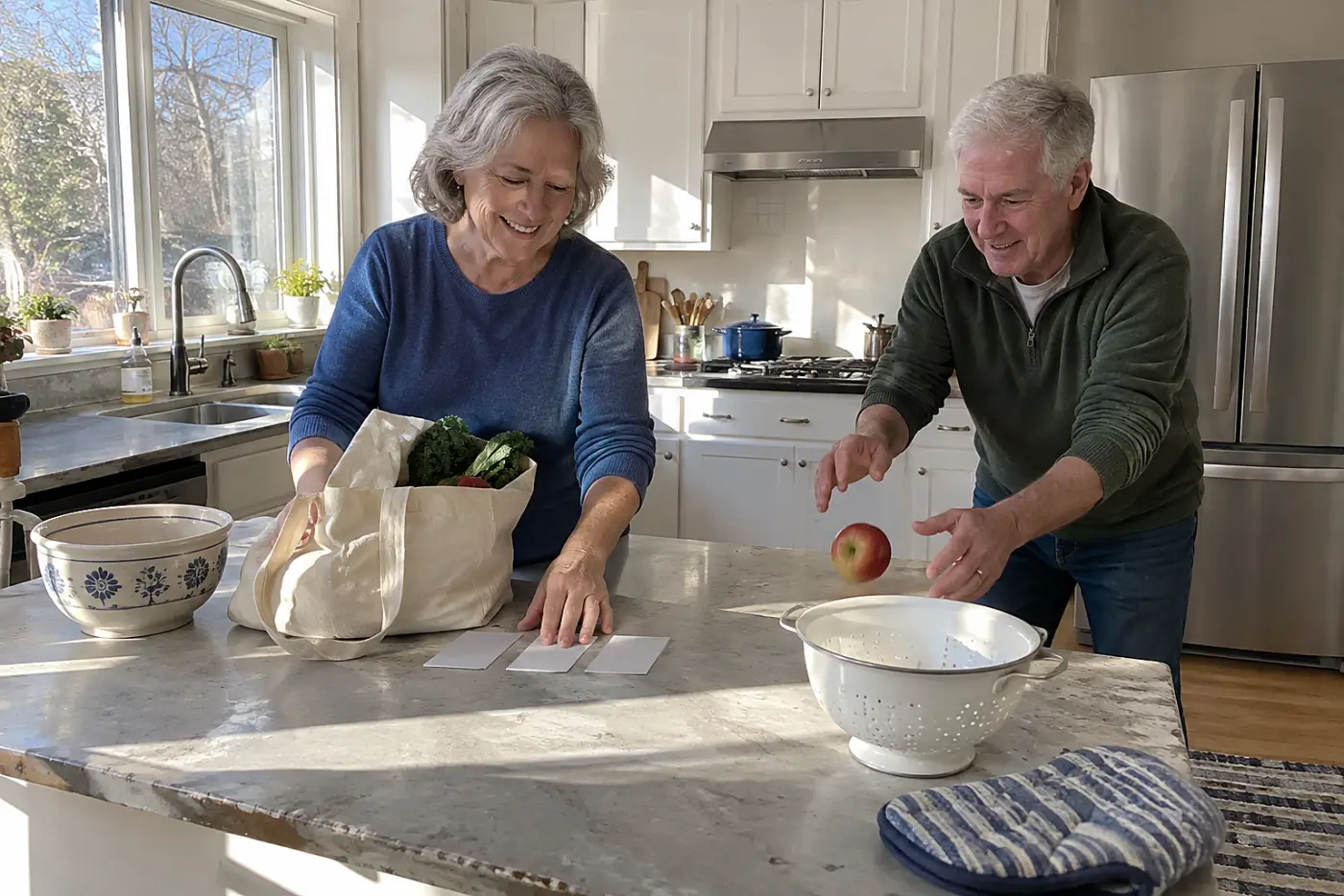 Older woman placing three grocery receipts beside a shopping bag on the counter.
