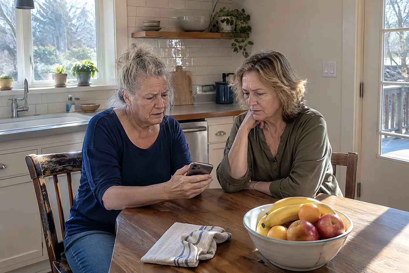 Older woman reviewing a Social Security deposit on her phone at the kitchen table.
