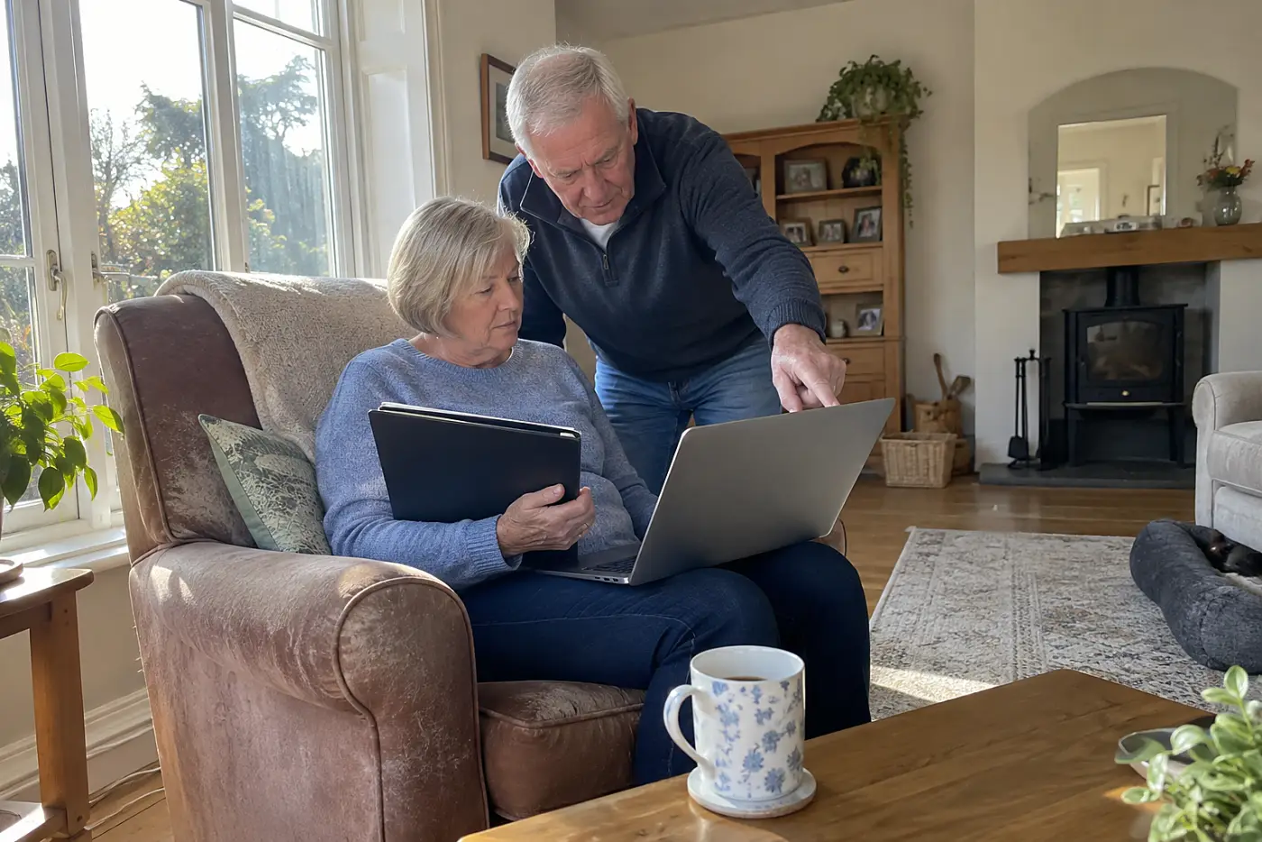 Older woman comparing an IRA statement with her checking account on a laptop at home.