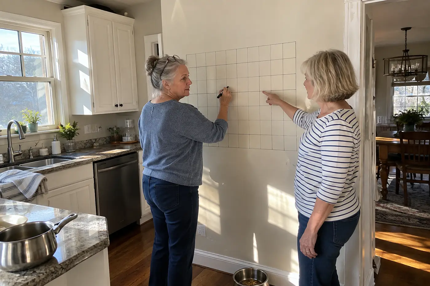 Older woman writing deposit dates on a wall calendar in her kitchen.