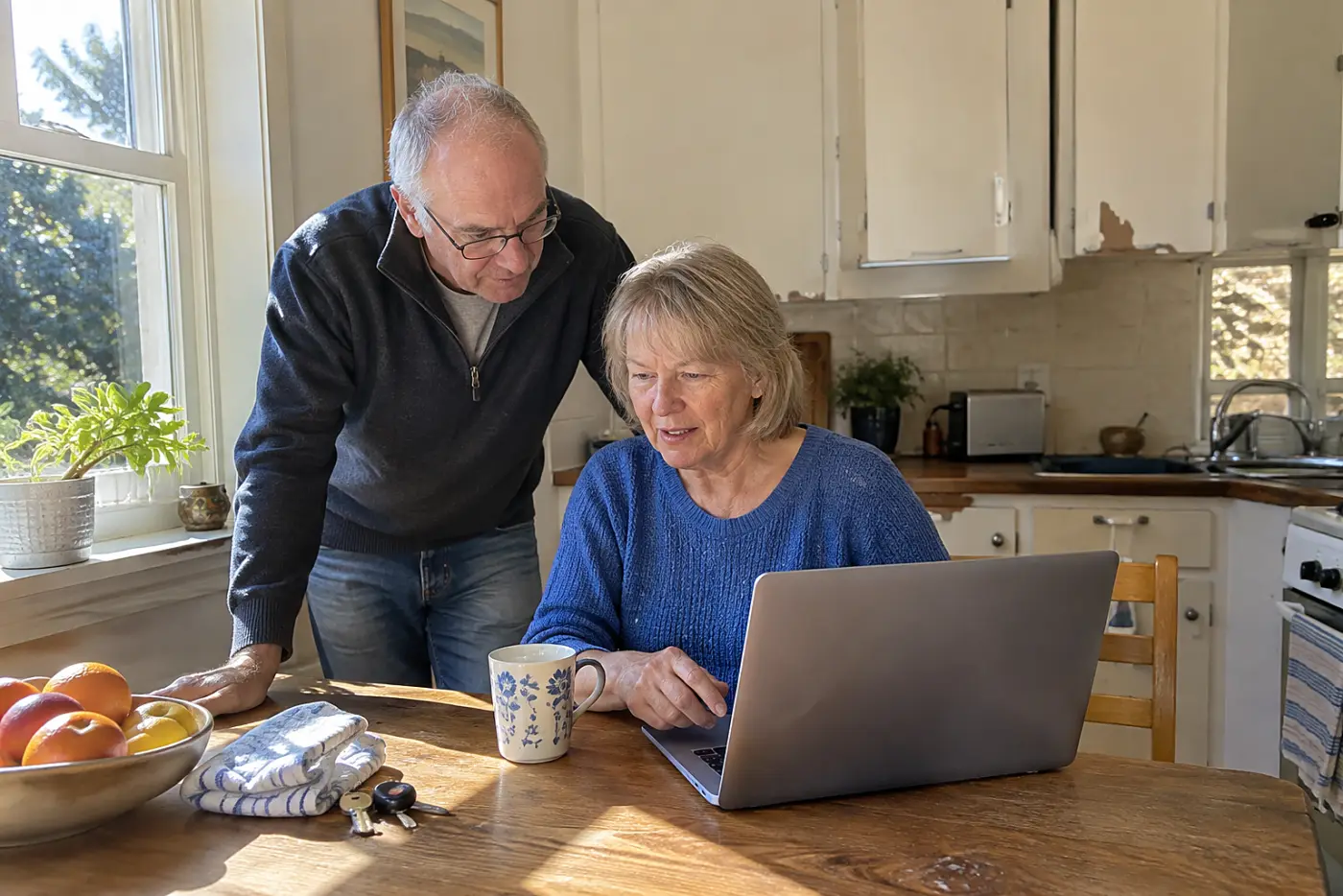 Older woman reviewing a bank transfer on her laptop at the kitchen table.