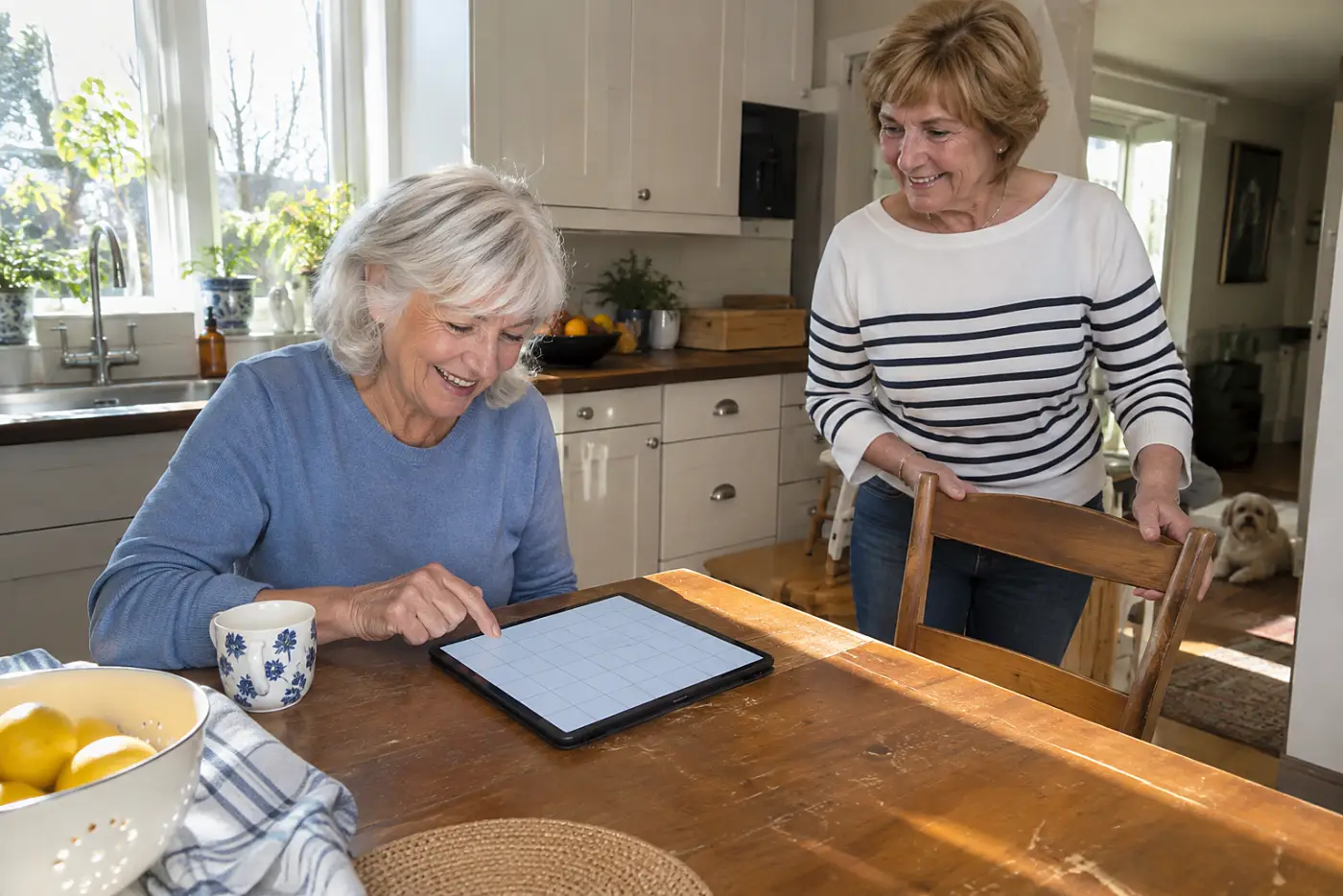 Older woman looking at a class schedule on her tablet in the kitchen.
