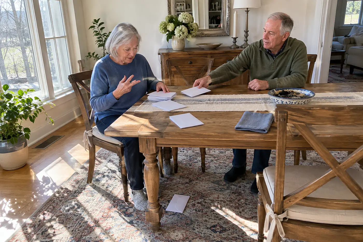 Older woman totaling tax payments from several statements at her dining table.