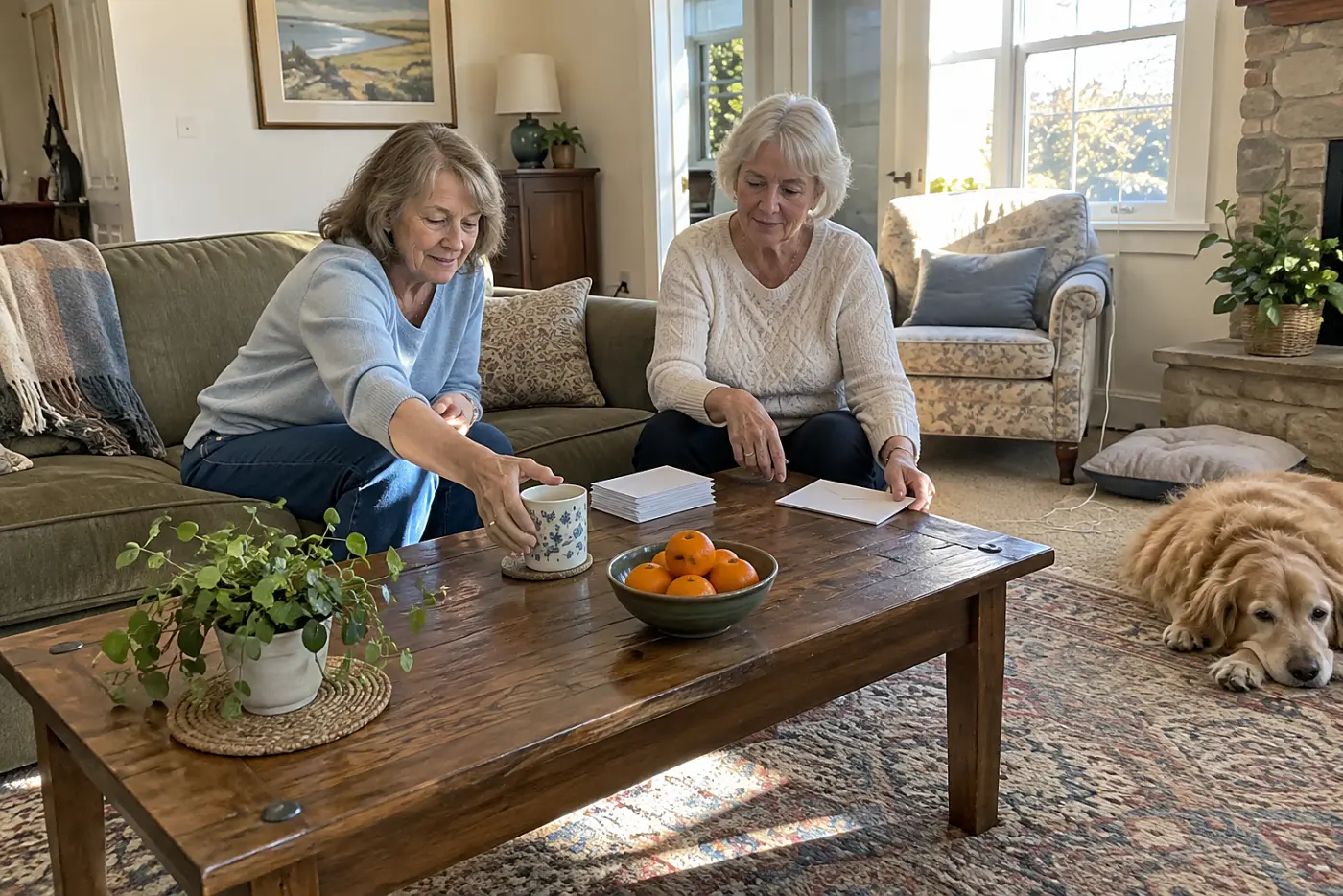 Older woman setting a Social Security benefit notice beside pension statements at home.